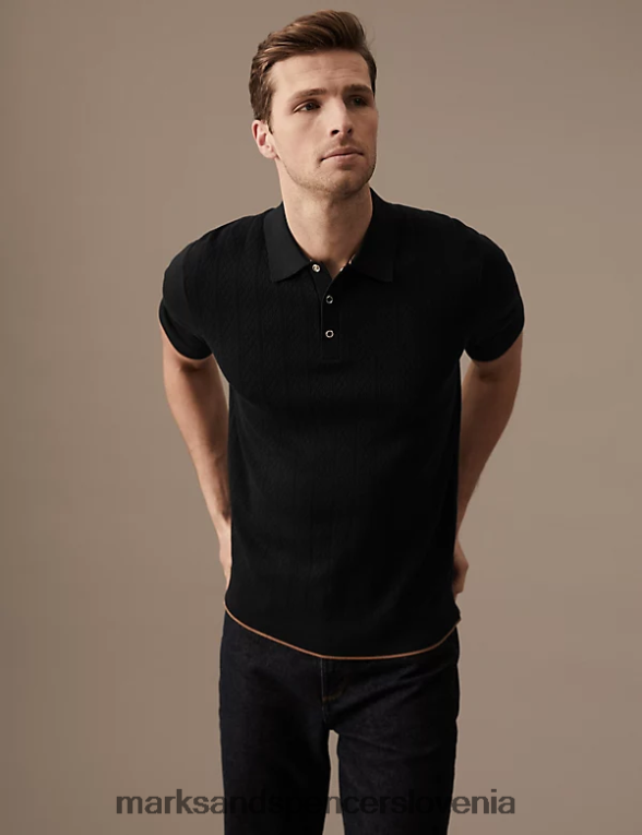 pletena polo majica z bogato bombažno teksturo črna mešanica Marks & Spencer oblačila moški 6T8F6X5881