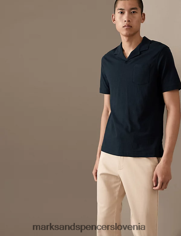 polo majica revere iz lanene mešanice temna mornarica Marks & Spencer oblačila moški 6T8F6X6601