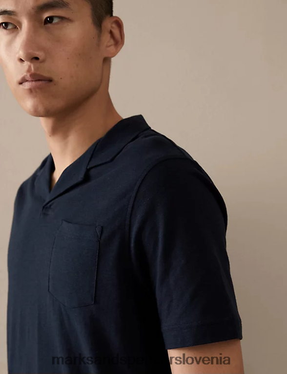 polo majica revere iz lanene mešanice temna mornarica Marks & Spencer oblačila moški 6T8F6X6601