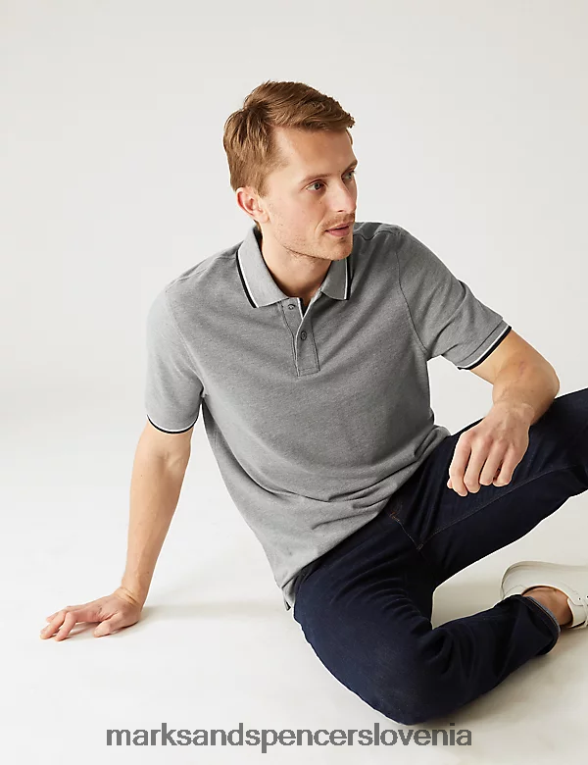 polo majica s konico iz čistega bombaža sivi lapor Marks & Spencer oblačila moški 6T8F6X5058