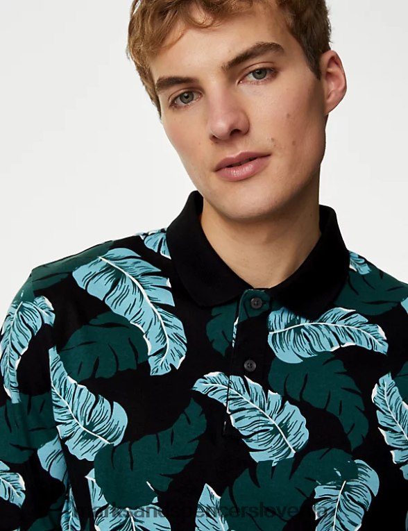 polo majica z botaničnim potiskom iz čistega bombaža črna mešanica Marks & Spencer oblačila moški 6T8F6X6107