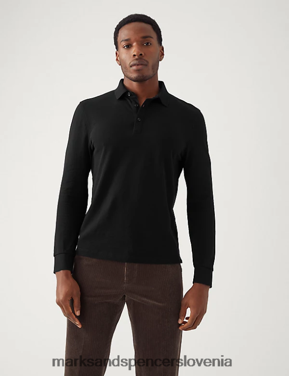 polo majica z dolgimi rokavi iz čistega bombaža Črna Marks & Spencer oblačila moški 6T8F6X7375