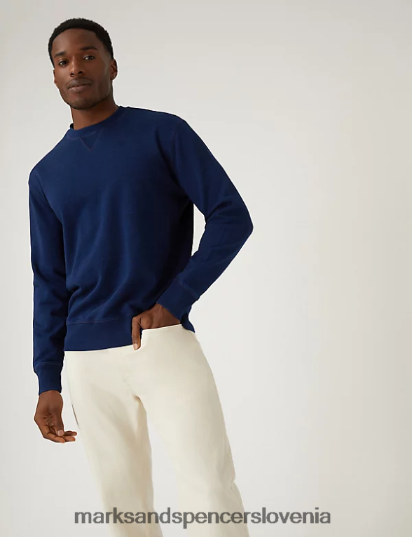 pulover iz čistega bombaža sproščenega kroja temno indigo Marks & Spencer oblačila moški 6T8F6X6241