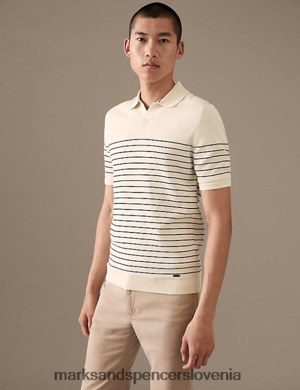 črtasta polo majica iz čistega bombaža supima ecru mešanica Marks & Spencer oblačila moški 6T8F6X5606