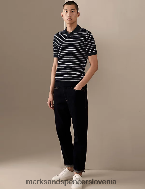 črtasta polo majica iz čistega bombaža supima mornarska mešanica Marks & Spencer oblačila moški 6T8F6X5992