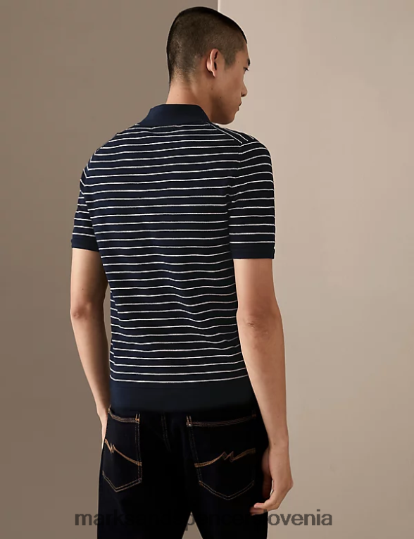 črtasta polo majica iz čistega bombaža supima mornarska mešanica Marks & Spencer oblačila moški 6T8F6X5992