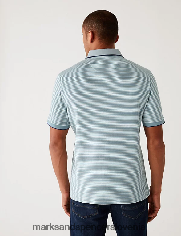 črtasta polo majica iz čistega bombaža svetlo račje jajce Marks & Spencer oblačila moški 6T8F6X6156