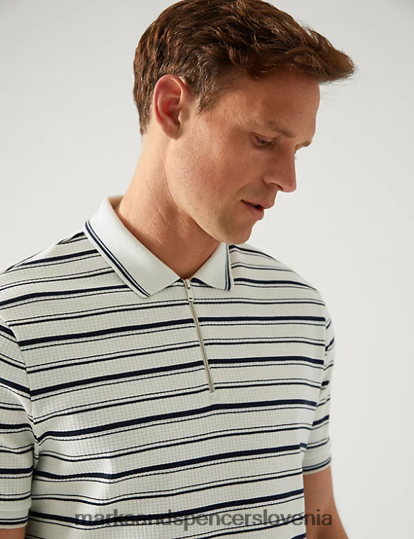 črtasta polo majica s pol zadrgo iz čistega bombaža ecru mešanica Marks & Spencer oblačila moški 6T8F6X5972