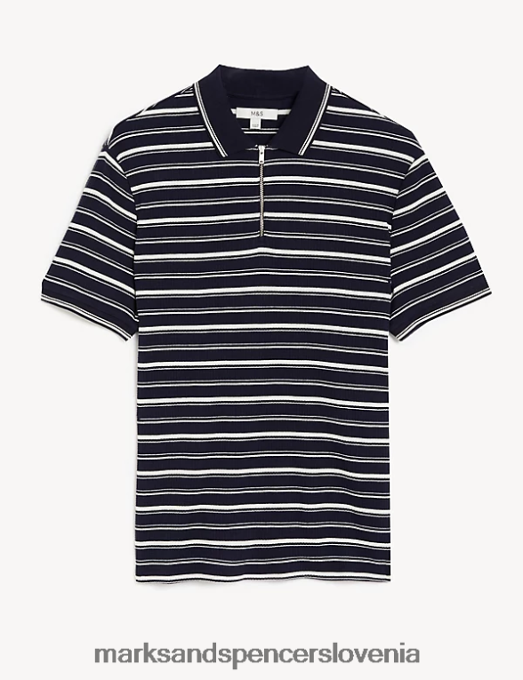 črtasta polo majica s pol zadrgo iz čistega bombaža mornarska mešanica Marks & Spencer oblačila moški 6T8F6X5595