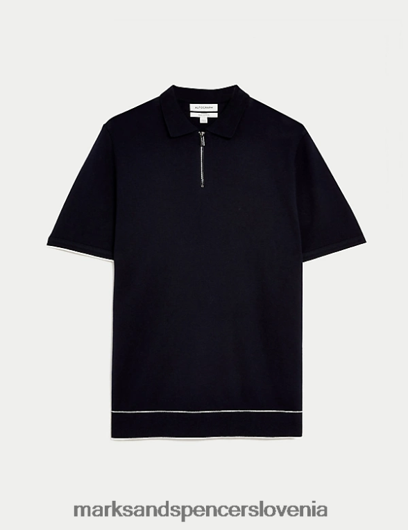 svilena bombažna pletena polo majica z izrezom temna mornarica Marks & Spencer oblačila moški 6T8F6X5731