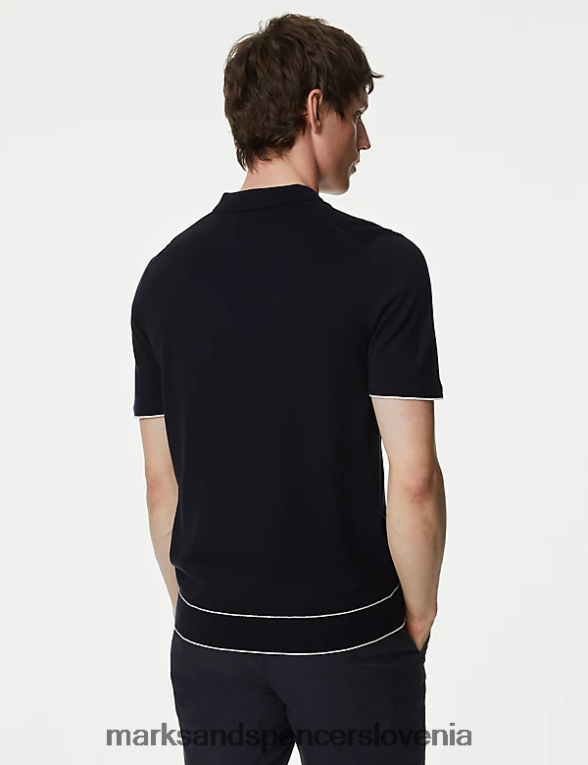 svilena bombažna pletena polo majica z izrezom temna mornarica Marks & Spencer oblačila moški 6T8F6X5731