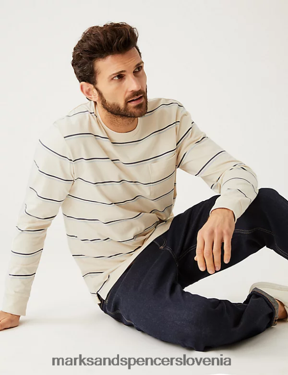 težka majica s črtami iz čistega bombaža ekru Marks & Spencer oblačila moški 6T8F6X7006
