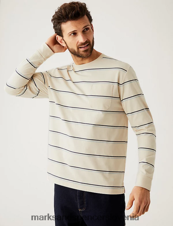 težka majica s črtami iz čistega bombaža ekru Marks & Spencer oblačila moški 6T8F6X7006