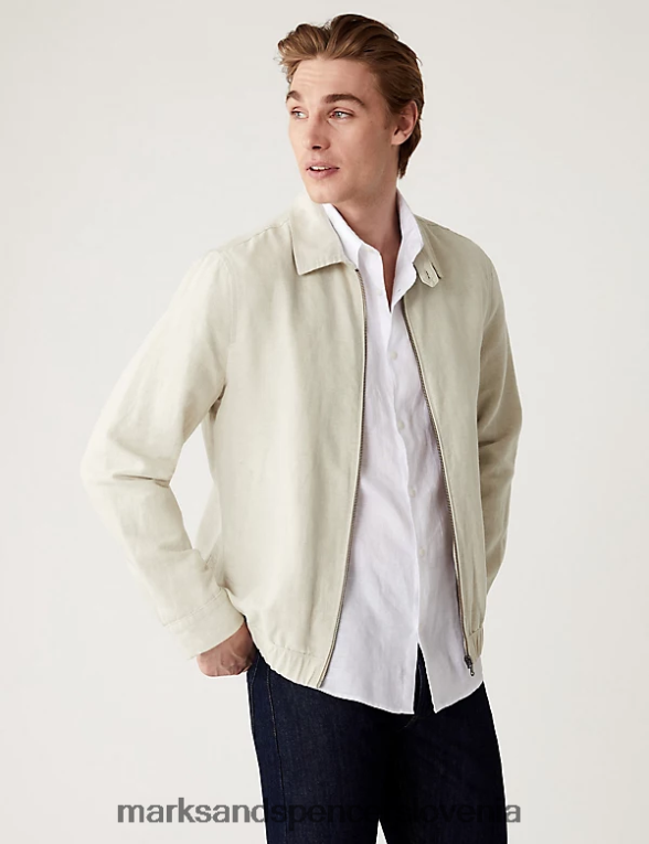 Harrington jakna iz mešanice lanu ekru Marks & Spencer oblačila moški 6T8F6X6386