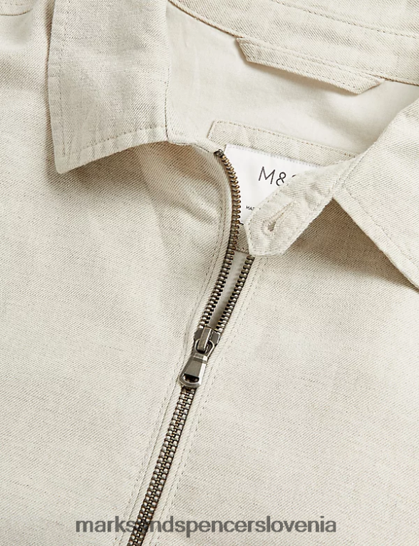 Harrington jakna iz mešanice lanu ekru Marks & Spencer oblačila moški 6T8F6X6386