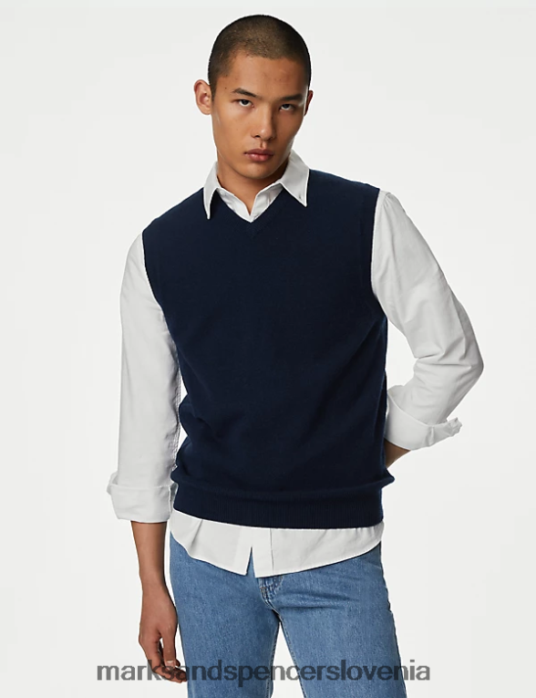 pulover brez rokavov iz čiste ekstra fine ovčje volne mornarica Marks & Spencer oblačila moški 6T8F6X6334