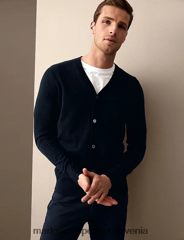 jopica z v-izrezom iz čiste ekstra fine merino volne mornarica Marks & Spencer oblačila moški 6T8F6X6995