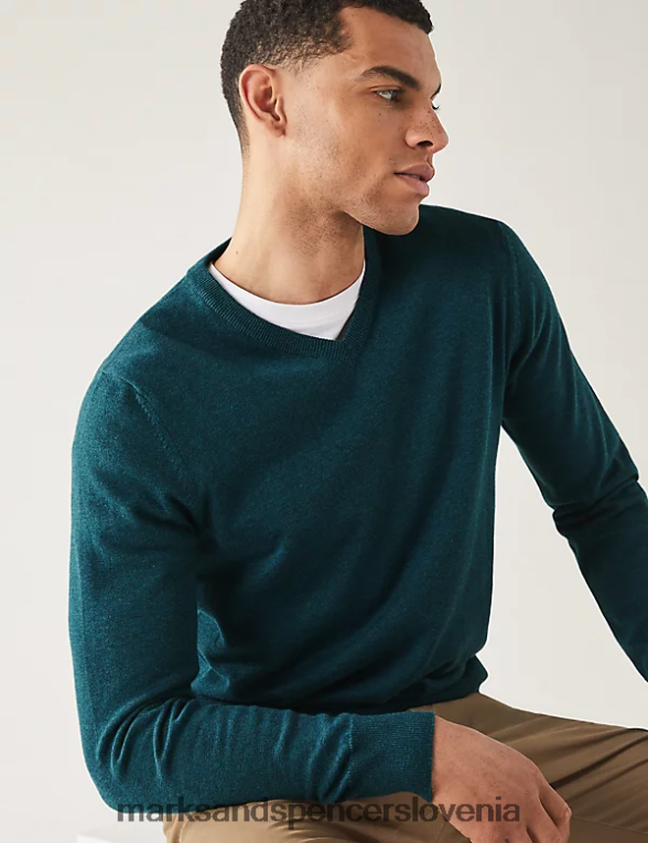 pleten pulover iz čistega bombaža z v-izrezom teal mešanica Marks & Spencer oblačila moški 6T8F6X7206