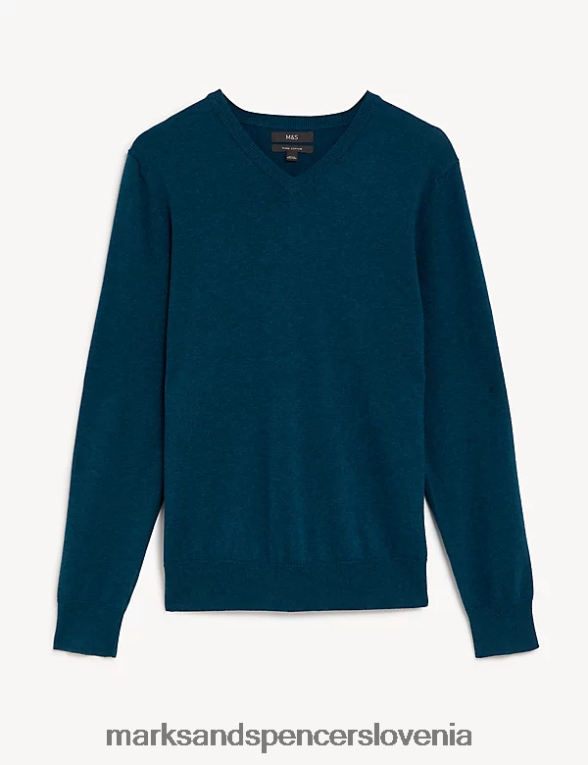 pleten pulover iz čistega bombaža z v-izrezom teal mešanica Marks & Spencer oblačila moški 6T8F6X7206