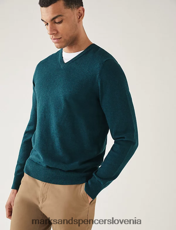 pleten pulover iz čistega bombaža z v-izrezom teal mešanica Marks & Spencer oblačila moški 6T8F6X7206