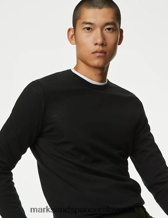 pulover z okroglim izrezom iz čiste ekstra fine merino volne Črna Marks & Spencer oblačila moški 6T8F6X4961