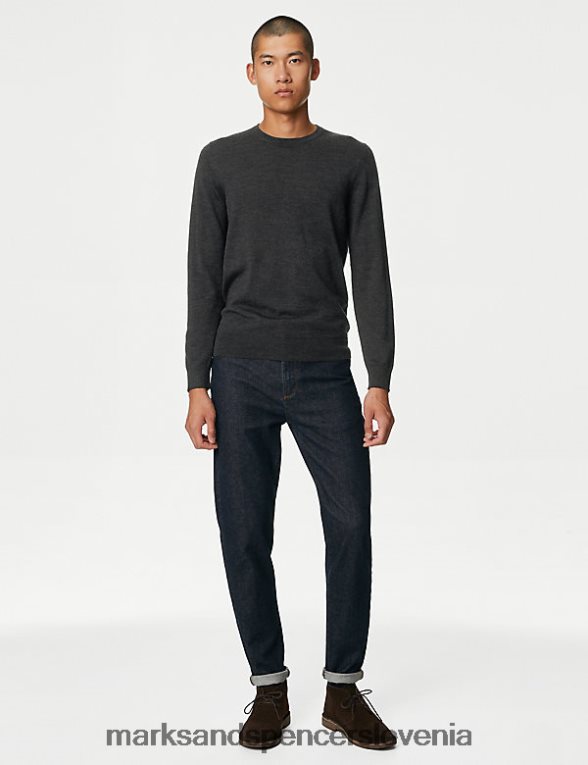 pulover z okroglim izrezom iz čiste ekstra fine merino volne temno oglje Marks & Spencer oblačila moški 6T8F6X5332
