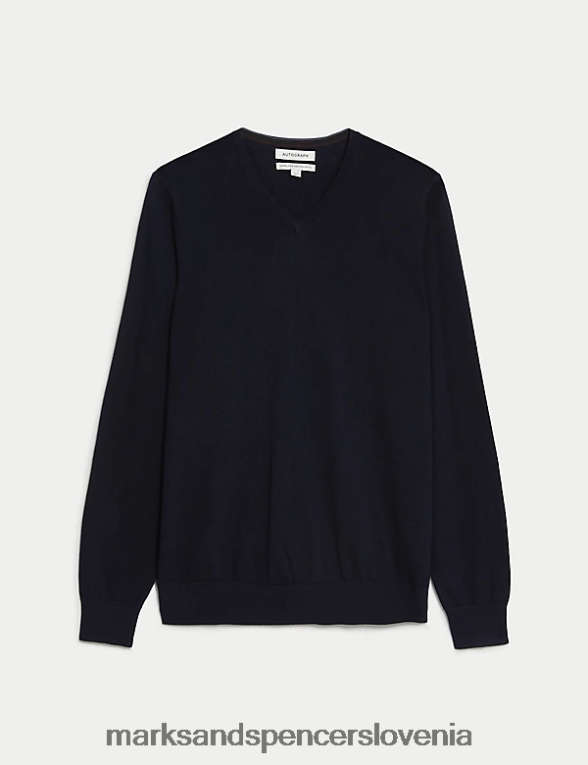 pulover z v-izrezom iz čiste ekstra fine merino volne mornarica Marks & Spencer oblačila moški 6T8F6X5573
