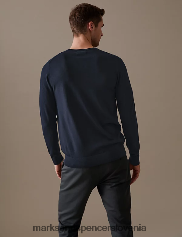 pulover z v-izrezom iz čiste ekstra fine merino volne mornarica Marks & Spencer oblačila moški 6T8F6X5573