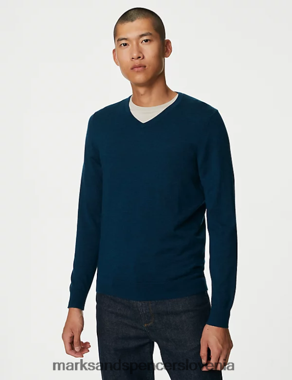 pulover z v-izrezom iz čiste ekstra fine merino volne temni kraljiček Marks & Spencer oblačila moški 6T8F6X5575