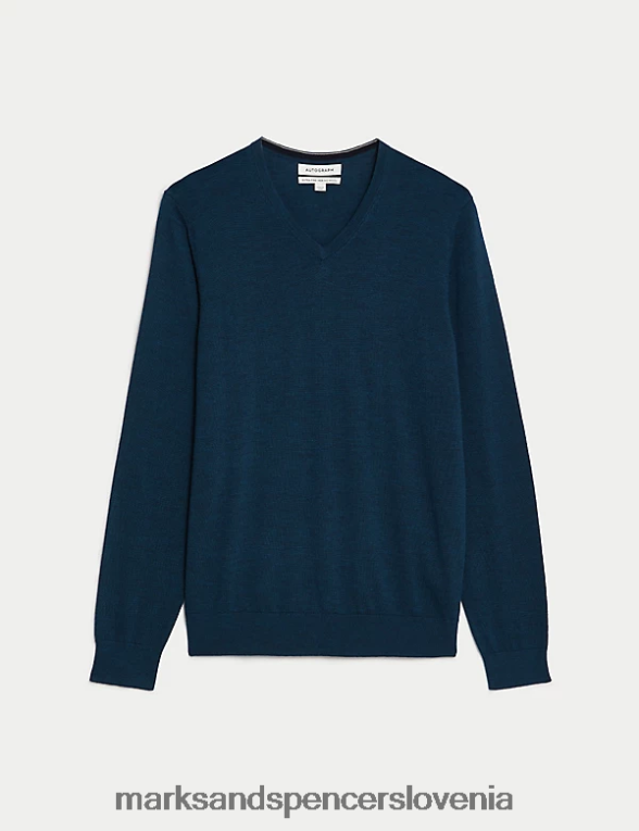 pulover z v-izrezom iz čiste ekstra fine merino volne temni kraljiček Marks & Spencer oblačila moški 6T8F6X5575