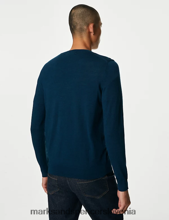 pulover z v-izrezom iz čiste ekstra fine merino volne temni kraljiček Marks & Spencer oblačila moški 6T8F6X5575
