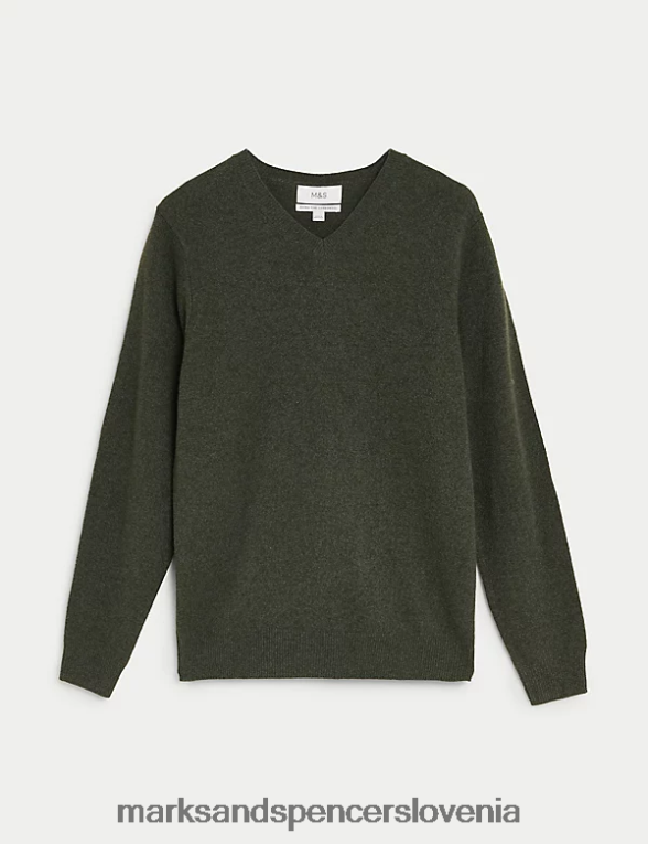 pulover z v-izrezom iz čiste, ekstra fine ovčje volne kaki Marks & Spencer oblačila moški 6T8F6X6894