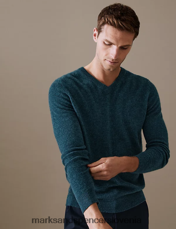 pulover z v-izrezom iz čistega kašmirja zelenomodra Marks & Spencer oblačila moški 6T8F6X7323