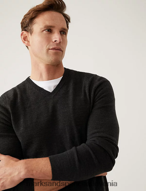 pulover z v-izrezom iz kašmilona oglje Marks & Spencer oblačila moški 6T8F6X6011