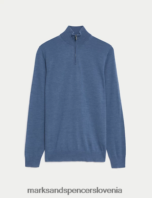 pulover z zadrgo iz čiste ekstra fine merino volne modra Marks & Spencer oblačila moški 6T8F6X6582