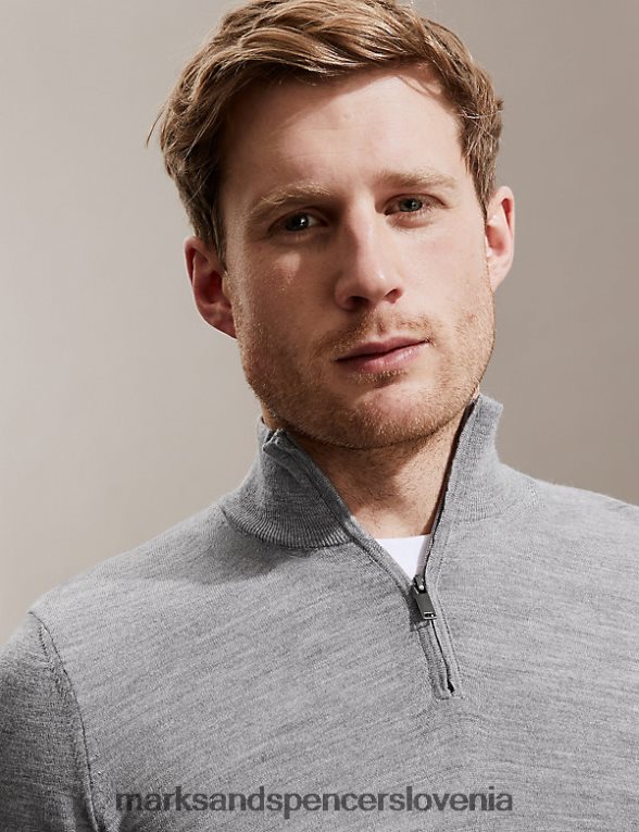 pulover z zadrgo iz čiste ekstra fine merino volne siva mešanica Marks & Spencer oblačila moški 6T8F6X5653