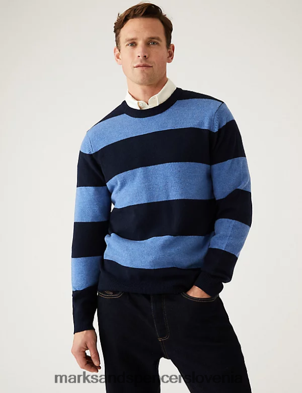 črtast pulover iz čiste ekstra fine ovčje volne modra mešanica Marks & Spencer oblačila moški 6T8F6X6552