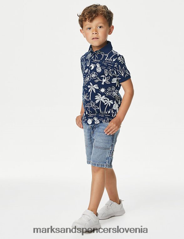 polo majica s tropskim potiskom iz čistega bombaža indigo mešanica Marks & Spencer oblačila otroci 6T8F6X8114