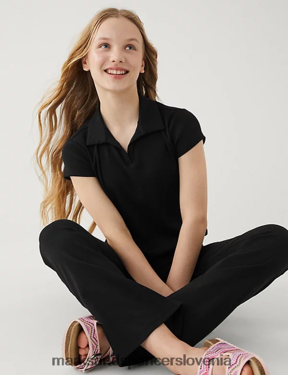 bombažna rebrasta majica s kratkimi rokavi Črna Marks & Spencer oblačila otroci 6T8F6X9966