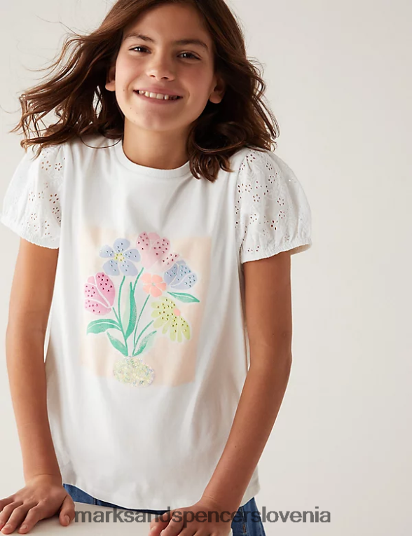 majica s cvetličnimi motivi iz čistega bombaža bela Marks & Spencer oblačila otroci 6T8F6X9187