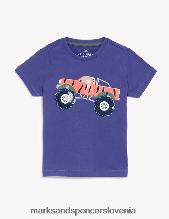 majica s kratkimi rokavi monster truck iz čistega bombaža modra Marks & Spencer oblačila otroci 6T8F6X8089