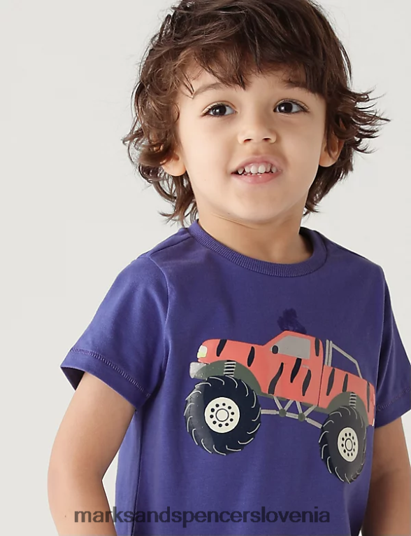 majica s kratkimi rokavi monster truck iz čistega bombaža modra Marks & Spencer oblačila otroci 6T8F6X8089