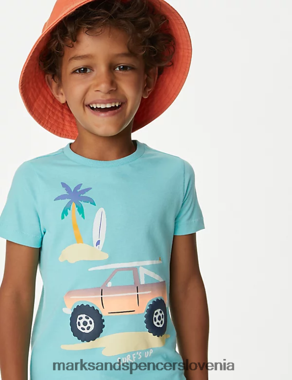 majica s kratkimi rokavi za plažo iz čistega bombaža aqua Marks & Spencer oblačila otroci 6T8F6X8581