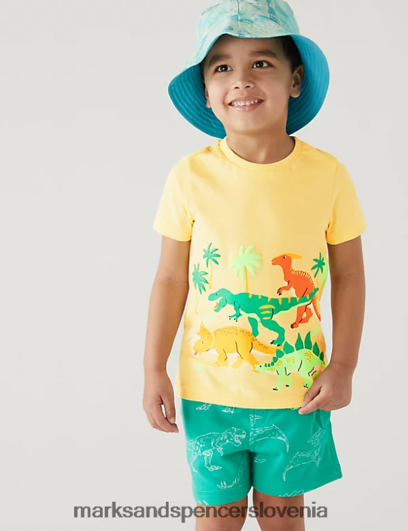 majica s potiskom dinozavrov iz čistega bombaža rumena Marks & Spencer oblačila otroci 6T8F6X8030
