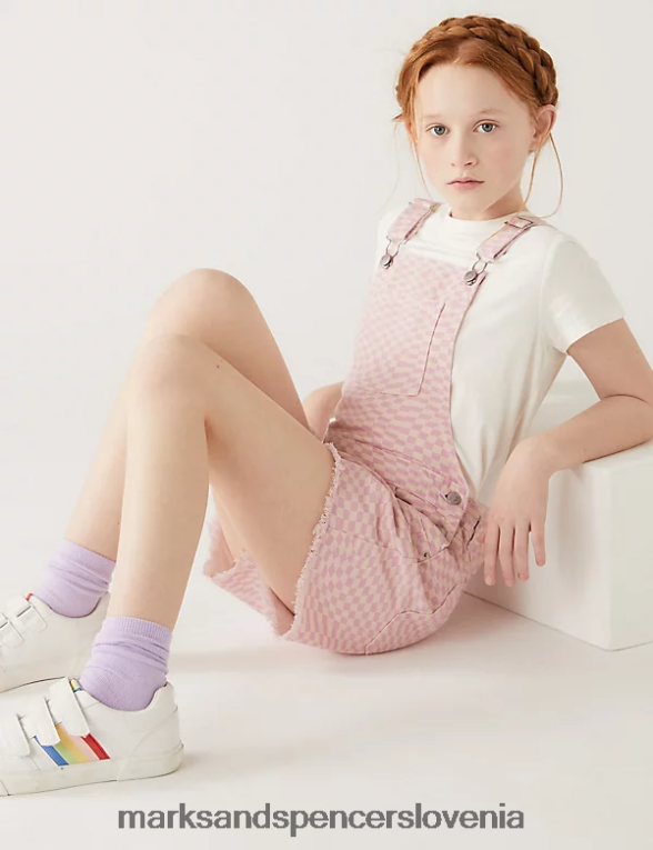 hlače iz jeansa s potiskom šahovnice roza mešanica Marks & Spencer oblačila otroci 6T8F6X9690