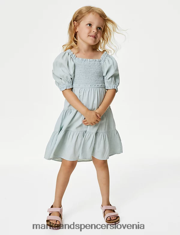 večplastna obleka iz čistega bombaža chambray Marks & Spencer oblačila otroci 6T8F6X9009
