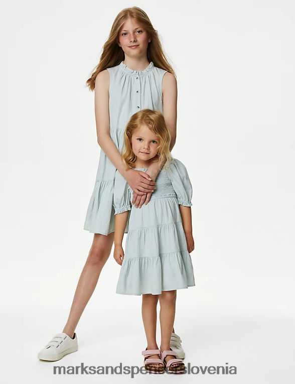 večplastna obleka iz čistega bombaža chambray Marks & Spencer oblačila otroci 6T8F6X9009