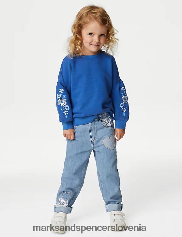 bombažna majica z izvezenimi cvetlicami indigo Marks & Spencer oblačila otroci 6T8F6X9632