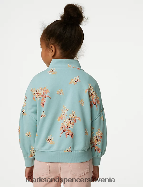 pulover z zadrgo iz bogatega bombaža s cvetličnimi motivi svetlo teal Marks & Spencer oblačila otroci 6T8F6X8807