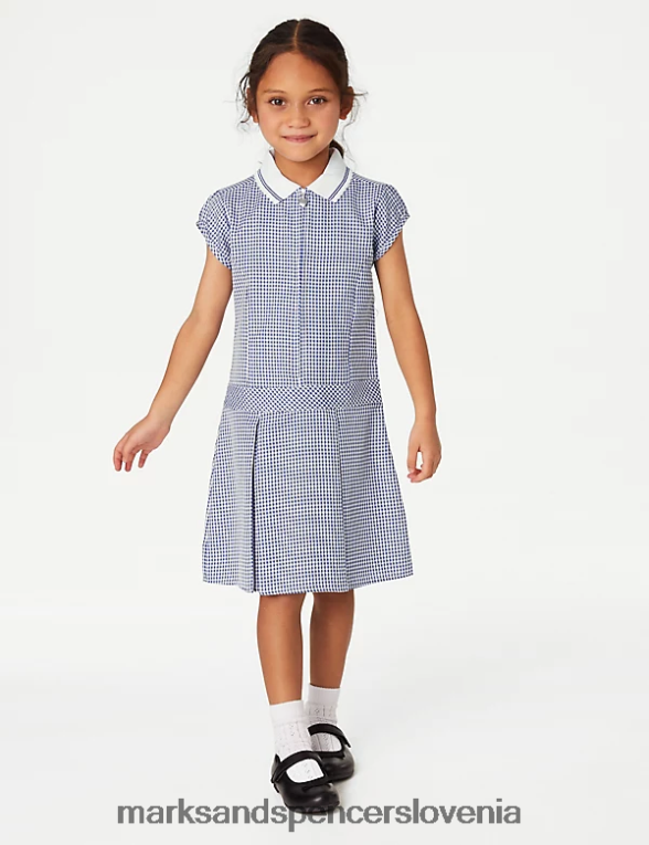 gingham šolska obleka z gubami srednje modra Marks & Spencer šolska uniforma otroci 6T8F6X9145